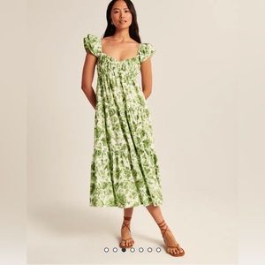 Ruffle Sleeve Poplin Midaxi Dress (midi maxi) green floral